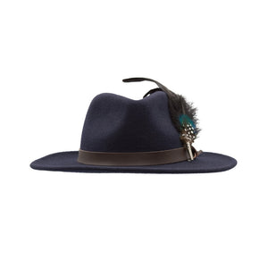 W & H Richmond Fedora Crushable Felt Hat W/ Leather Trim And Feather Brooch